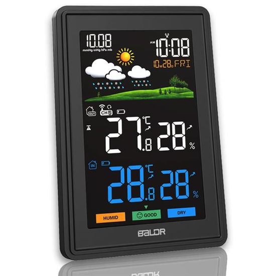 Station météo sans fil avec capteur extérieur, thermomètre et hygromètre numériques, avec prévisions météo (noir, 1 unité) | Leroy Merlin