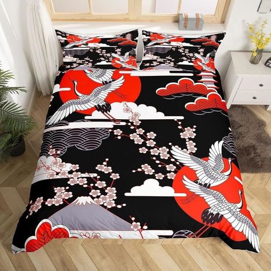 Housse De Couette 200x200 Cm + 2 Taies 65x65 Cm - Imprimé 3D Grue Et Vagues Style Ukiyo-e Japonais - Microfibre Douce