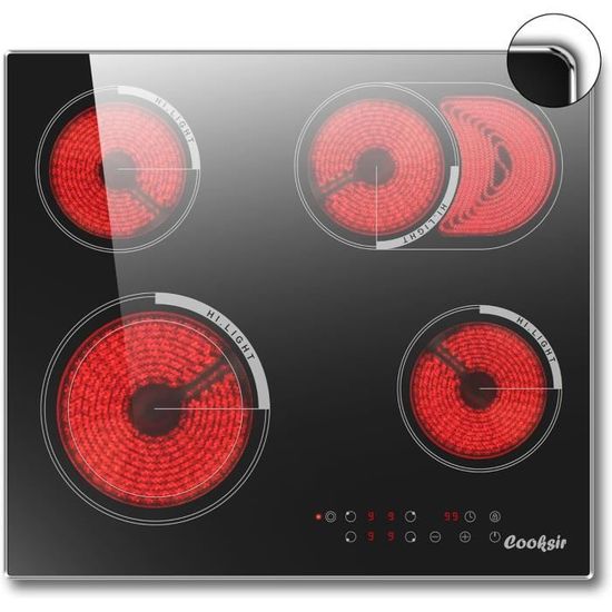Plaque Vitrocéramique 4 Feux DELITEER 60 Cm - Puissance 6600W - Zones Flexibles - Minuterie - Sans Prise (à Câbler)