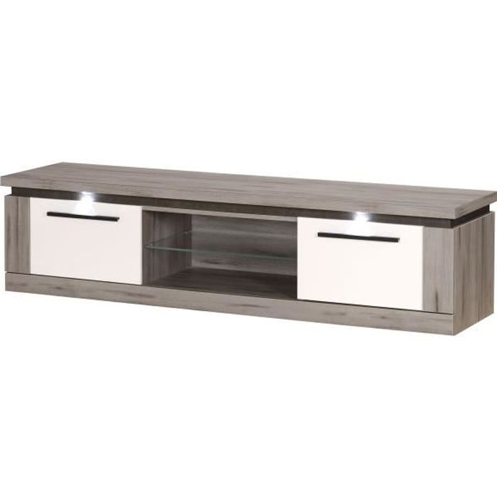 OSLO Meuble TV 2 portes - Laqué blanc et décor bois- L 181 x P 47 x H 45 cm
