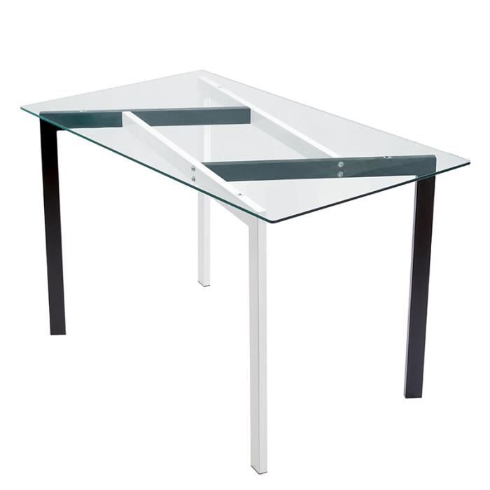 AKALNNY Table à manger rectangulaire,Pied en fer à transfert de chaleur à grain de bois , Plateau en verre trempé transparent