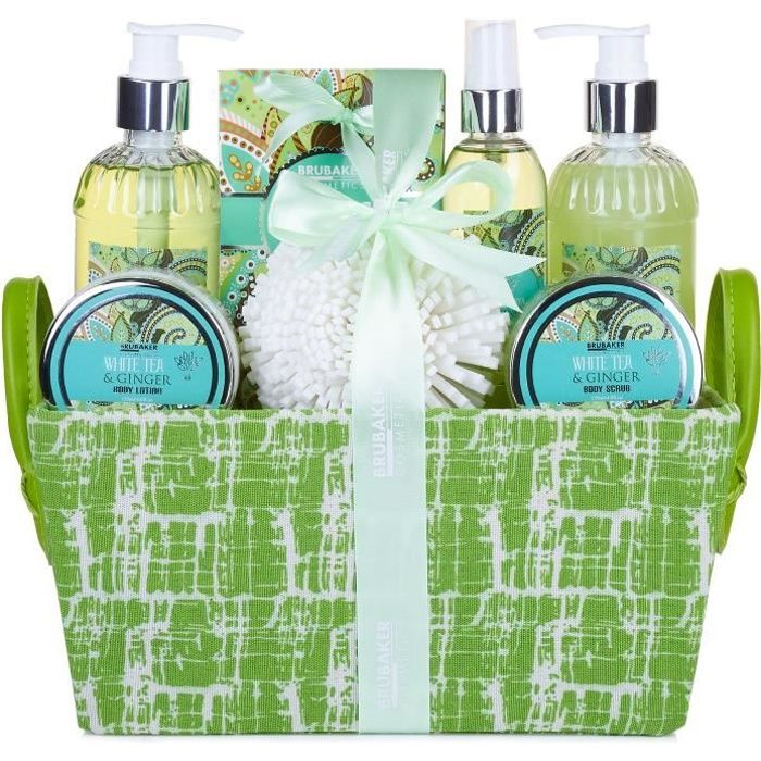 BRUBAKER Cosmetics - Coffret de bain & douche - Thé blanc/Gingembre - 8 Pièces - Panier décoratif - Idée cadeau