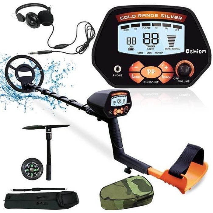 Détecteur de métaux étanche LCD avec pelle sac et casque ORANGE