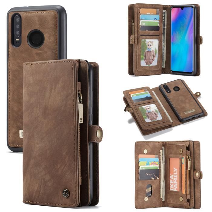 SmartLegend Housse Huawei P30 lite en Cuir Coque, Multifonction Étui Portefeuille Zipper avec Cartes arrière magnétique(Brown)
