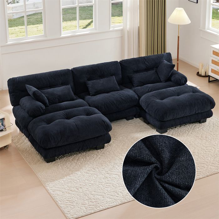 EURHOWING Housse De Canapé D'Angle 5 Places En Velours Extensible - Douce Et Lavable (Bleu