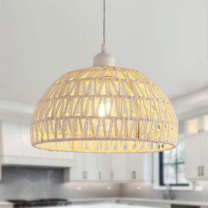 DORLINK Suspension Luminaire Rotin Naturel Moderne - Câble Ajustable 12 m - Douille E27 - Blanc - Pour Cuisine Salle à Manger