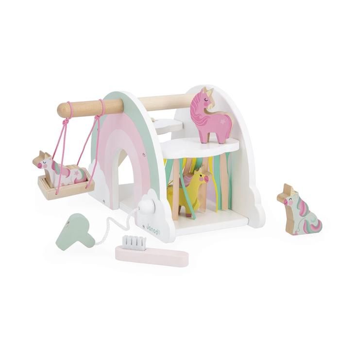 Maison en Bois des Licornes - Jouets en Bois FSC - 4 licornes 1 seche cheveux 1 brosse 1 balancoire 1 toboggan - Dès 18 Mois
