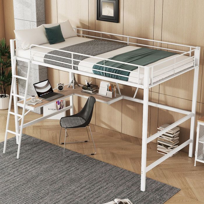 Lit mezzanine 90 x 200 cm avec bureau en L et étagère Lit enfant avec cadre de lit en fer Lit 1 Personne Blanc