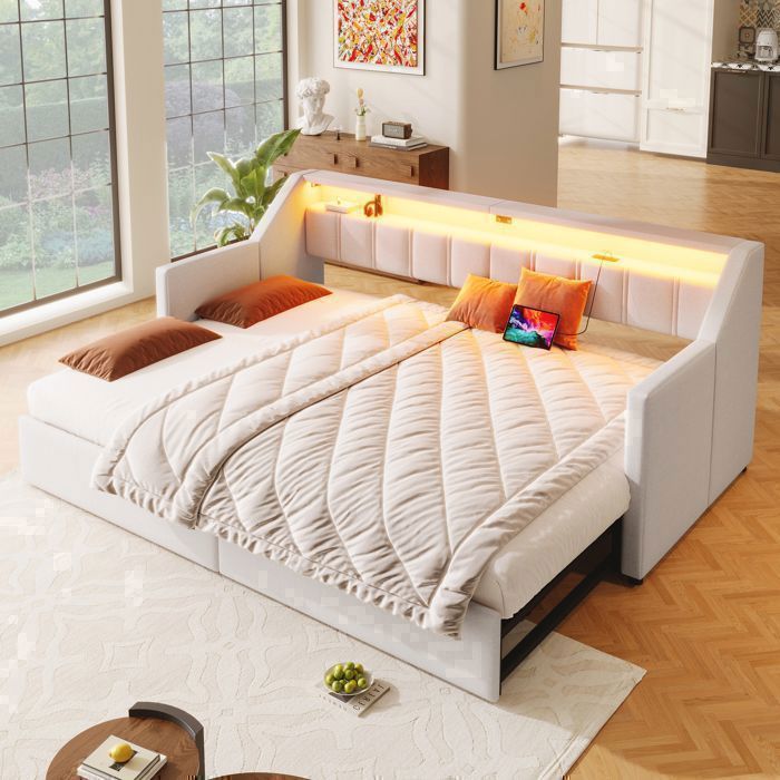 Lit Banquette Extensible - 90x200 cm - 180X200 cm - Lin beige - LED - Ports USB/Type-C - 2 Tiroirs
