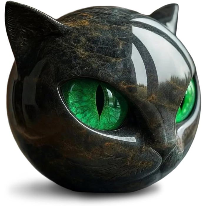 Sculpture De Chat En Pierre Céramique - Figurine Porte-bonheur Avec Yeux Verts, 8x8x9 Cm | Décoration Maison, Bureau, Cadeau Raffiné