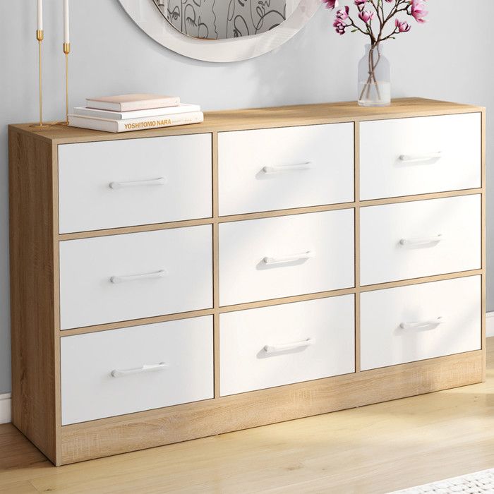 IDMARKET Commode 9 tiroirs en tissu UPPAH 113 cm meuble de rangement bois façon hêtre et blanc IDMARKET Commode 9 tiroirs en tissu UPPAH 113 cm meuble de rangement bois façon hêtre et blanc