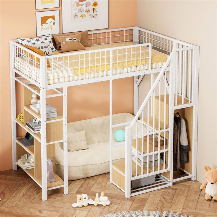 lit mezzanine 1 place 90x200 adulte en metal avec rangement casier escalier lit mezzanine multifonction pour studio blanc