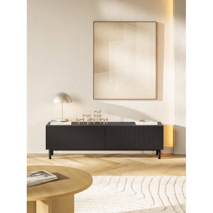 SELSEY Meuble tv avec fa&ccedil;ade &agrave; rainures, noir, 140 cm
