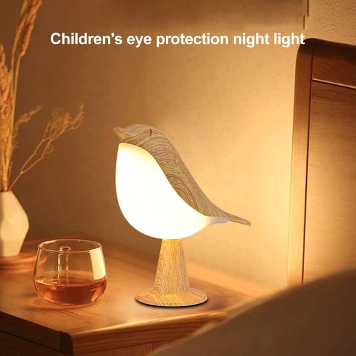 Lampe de chevet LED mignonne en forme doiseau avec port de chargement USB et trois niveaux de luminosité réglables (en bois).