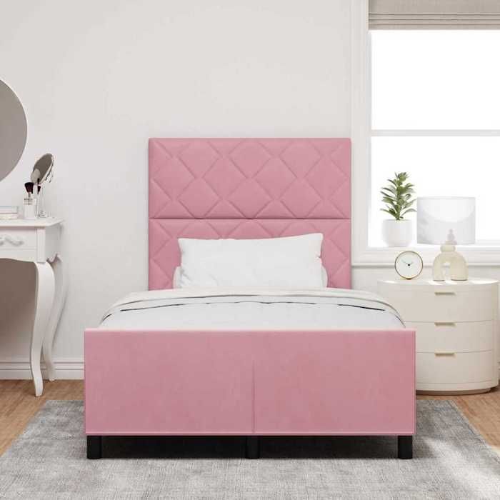 Lit à ressorts avec tête de lit - UU - 120x200 cm - Rose - Velours - Bois massif - Cadre à lattes - Poids maximal 280 kg