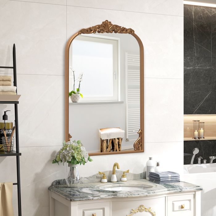 Miroir Mural Doré Antique - RELAX4LIFE - Cadre Baroque Orné - Métal Robuste - 95X66CM - Miroir Arqué Décoratif pour Entrée