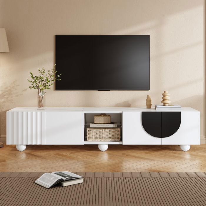 Meuble TV Bas - Blanc - 180 cm - Ouverture Push-to-Open -Niche Centrale - Meuble Télévision Moderne