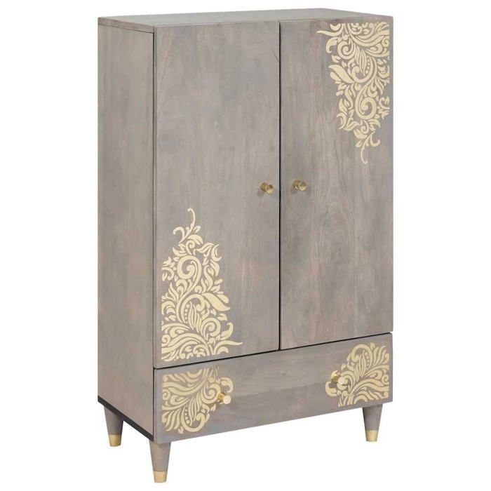 Buffet haut en bois de manguier - vidaXL - Gris et Or - 60x33x100 cm - Bois de manguier massif - Avec étagère - 2 portes