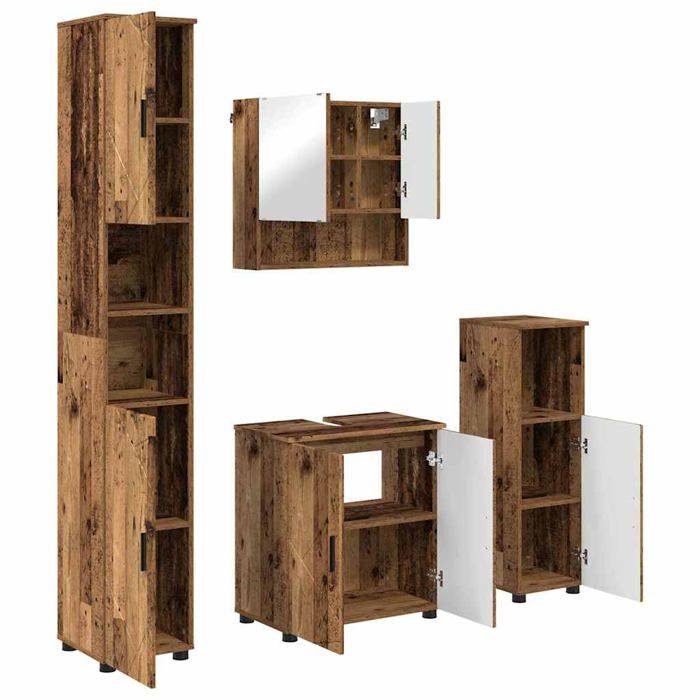 Ensemble de mobilier de salle de bain - vidaXL - Bois ancien - Bois dingénierie - 61x35x64 cm - 4 pièces - Miroir mural