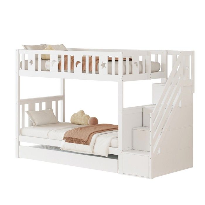 Lit superposé enfant 90x200 cm bois massif avec lit gigogne 90x190 escalier sécurité rangement sommier lattes blanc Sans Matelas Lit superposé enfant 90x200 cm bois massif avec lit gigogne 90x190 escalier sécurité rangement sommier lattes blanc Sans Matelas