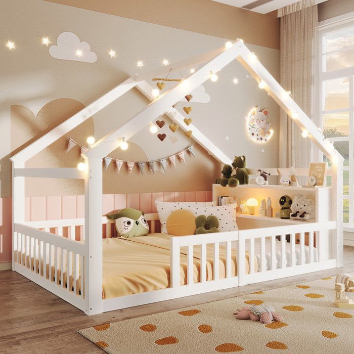 Lit au sol 140x190cm avec Étagères montessori lit avec Porte et barrières de sécurité lit en bois avec sommier à lattes blanc Lit au sol 140x190cm avec Étagères montessori lit avec Porte et barrières de sécurité lit en bois avec sommier à lattes blanc
