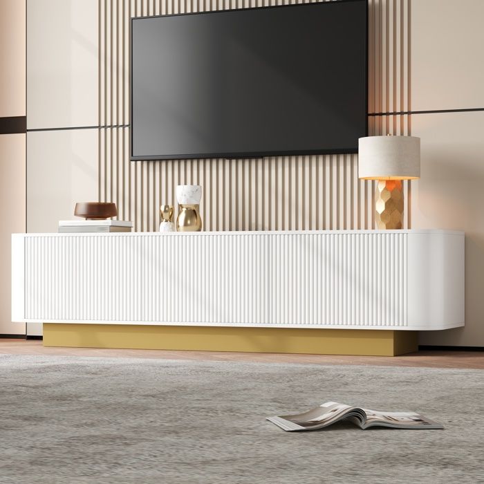 Meuble TV Moderne Blanc 170 cm avec Portes Texturées Rangement et Passe-Câbles Design Arrondi Meuble TV Moderne Blanc 170 cm avec Portes Texturées Rangement et Passe-Câbles Design Arrondi