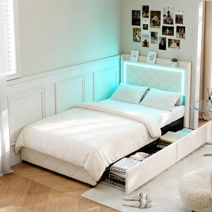 Lit 90x200 Coffre Capitonné avec LED et USBCadre de Lit 90x200Lit Rembourré avec 2 TiroirsLit Simple avec RangementBeige
