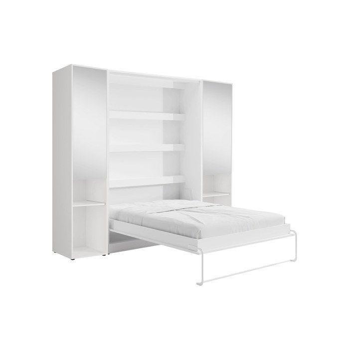 Lit escamotable vertical 140 x 200 cm - 2 colonnes de rangement - Avec miroirs et LEDs - Blanc - RAPILI