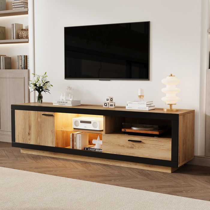 Meuble TV LED 160x40x50 cm avec étagères en verre et tiroir de rangement Panneaux de particules Couleur bois
