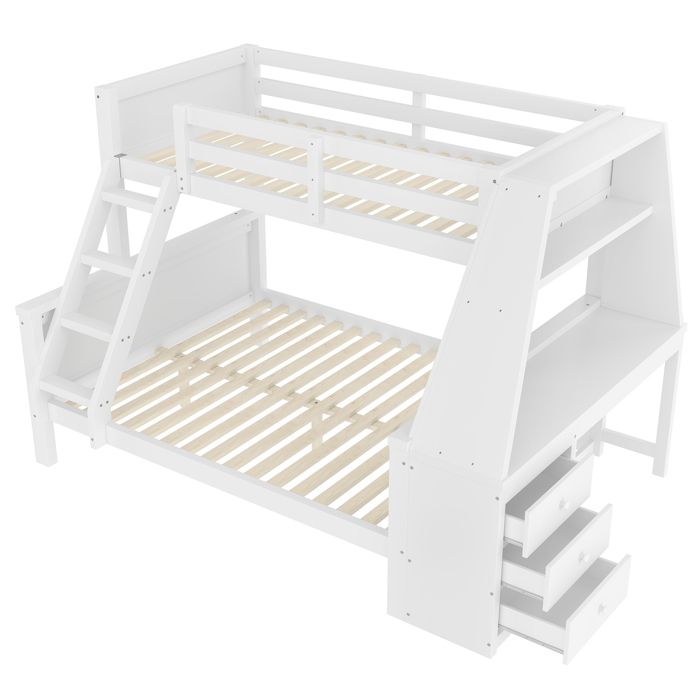 Lit Superposé 90x200 - Lit enfant avec Bureau et Étagères de Rangement Lit en Bois Massif - Blanc