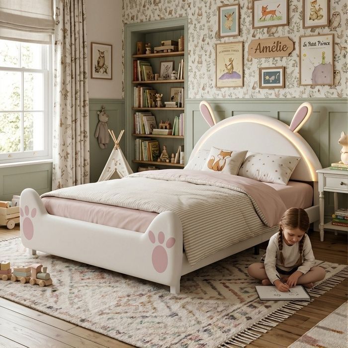 Lit Enfant 140x200cm - Design Lapin - Lit Double Capitonné avec Éclairage LED Veilleuse et Visages DIY Amovibles Chambre Fille