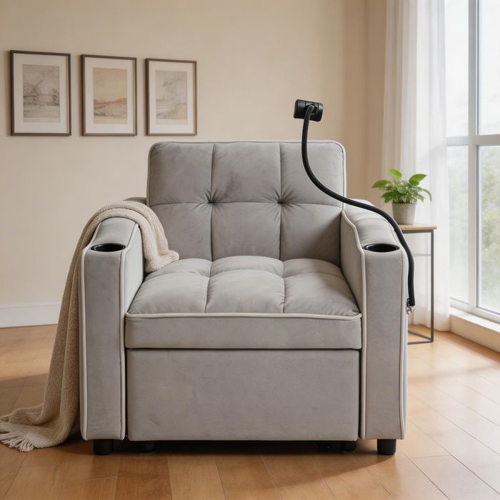 Canapé‑lit 3-en-1 convertible - 83×167×76 cm - 1 place - Velours mousse - Porte‑gobelets & support téléphone