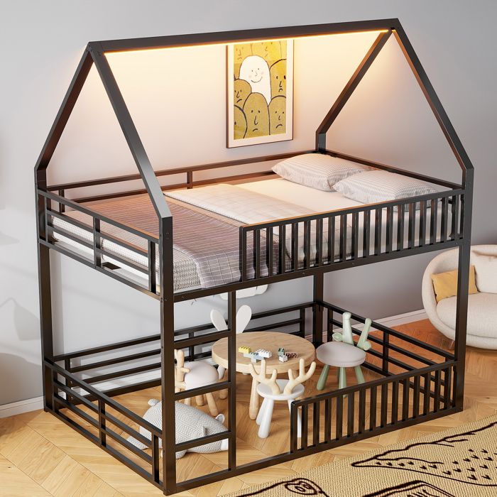 Lit mezzanine enfant 140×200 cm avec barrière et LED 7 couleurs - MEUNIQ - sans matelas métal noir