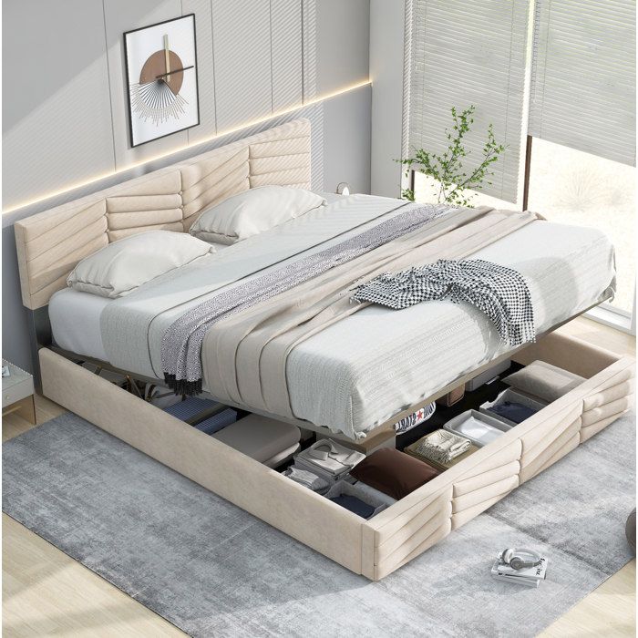 Lit Coffre Adulte Lit 140x190 Avec Fond Tête De Lit Réglable En Hauteur Velours Beige