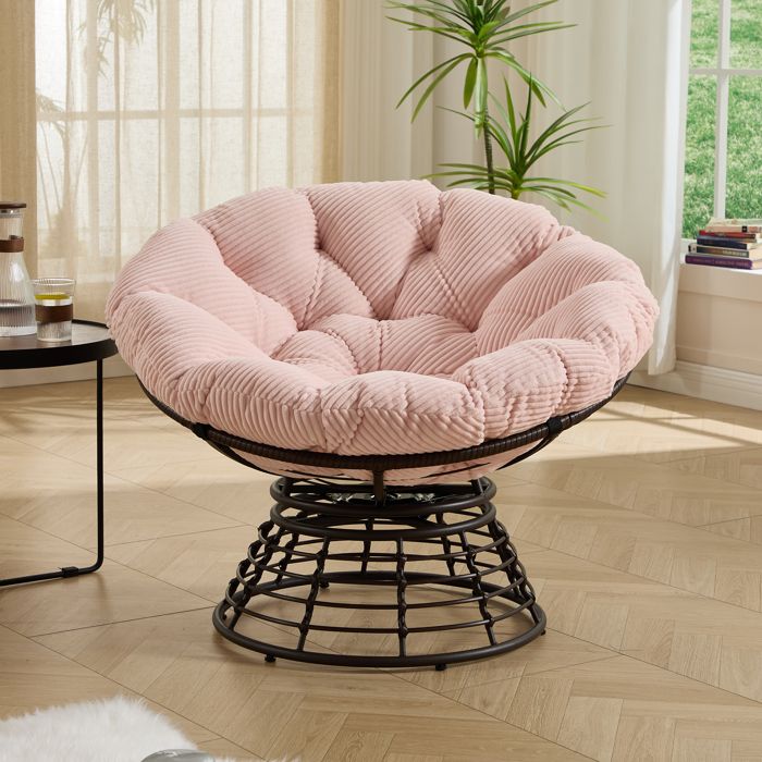 Fauteuil Papasan Pivotant en Velours Côtelé Chaise de Jardin avec Coussin pour Salon Balcon Chambre - 92x92x67cm - Rose