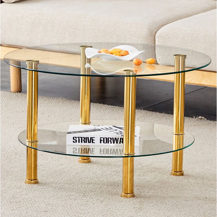 Table basse ronde à deux niveaux en verre trempé - BEAUNIV - pour salon métal doré or et transparent 70×70×42 cm