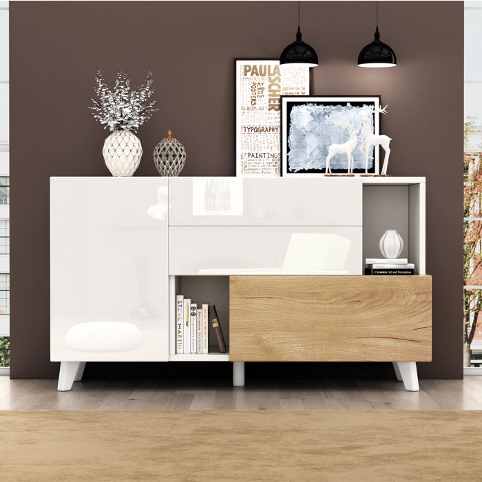 Buffet 130x40x70 cm EVRYAE - rangement modulaire 2 tiroirs porte sans poignée et étagère réglable - Blanc et chene clair