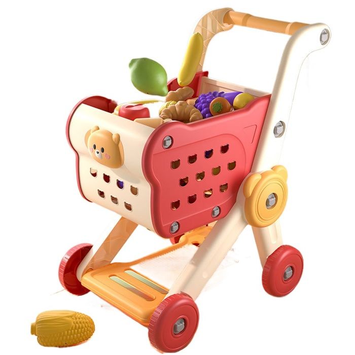 Rouge Chariot de supermarché jouet pour enfants avec fruits à couper simulation panier de courses accessoires cuisine enfant 28 pcs