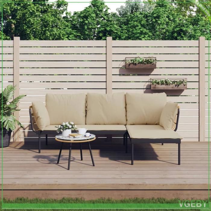 Salon de jardin - FAFEICY - 364108 - Résine tressée anthracite - Coussins beiges - Ensemble 3 pcs 4 places