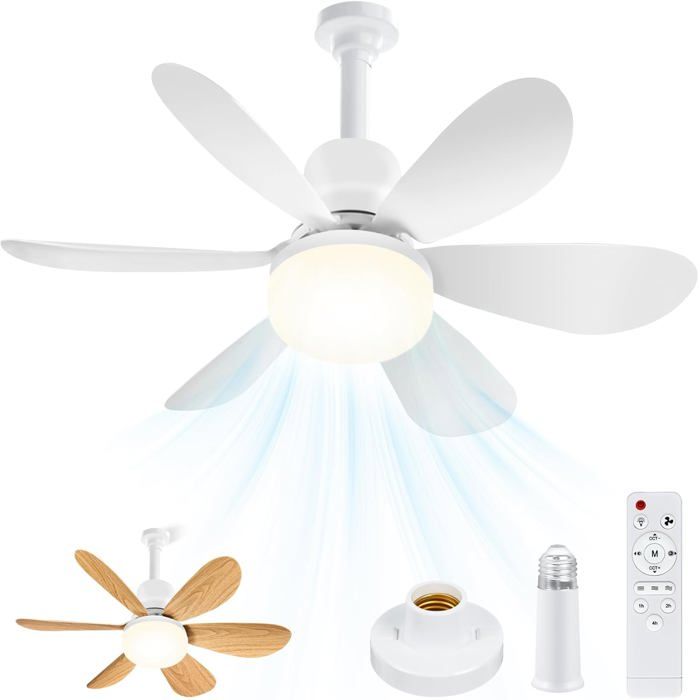 Ventilateur De Plafond Avec Lumière4 In 1 Ventilateur Avec 6 Blanc Pales+6 Effet Bois PalesTelecommandeDouille E27Silencieux