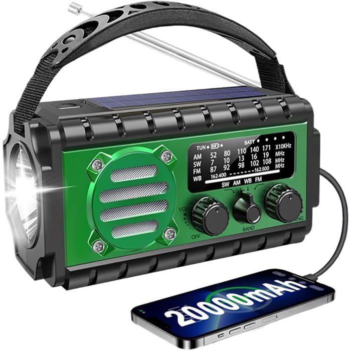Radio de survie portable à manivelle 20 000 mAh - Radio AM/FM batterie externe signal SOS lampe torche (verte)