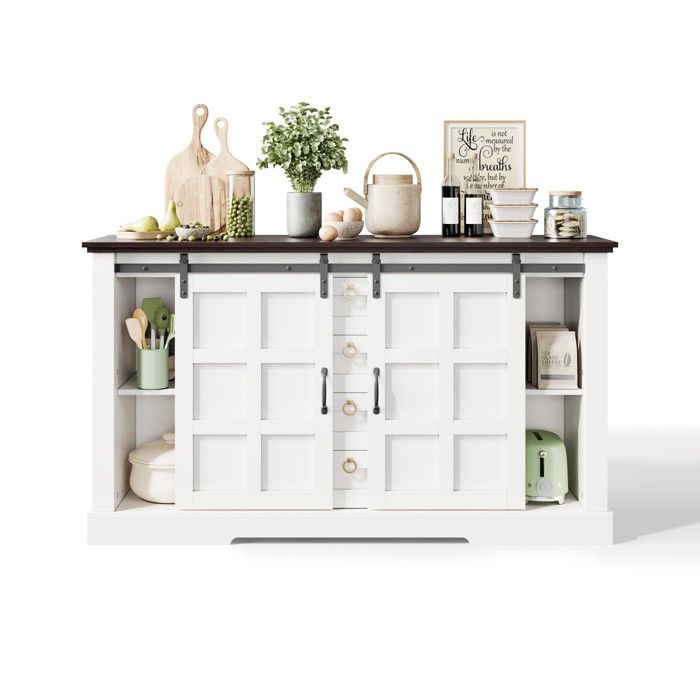 ULEVR Buffet bas rectangulaire 150 x 40 x 85 cm - 2 portes coulissantes 4 tiroirs et étagères réglables blanc MDF