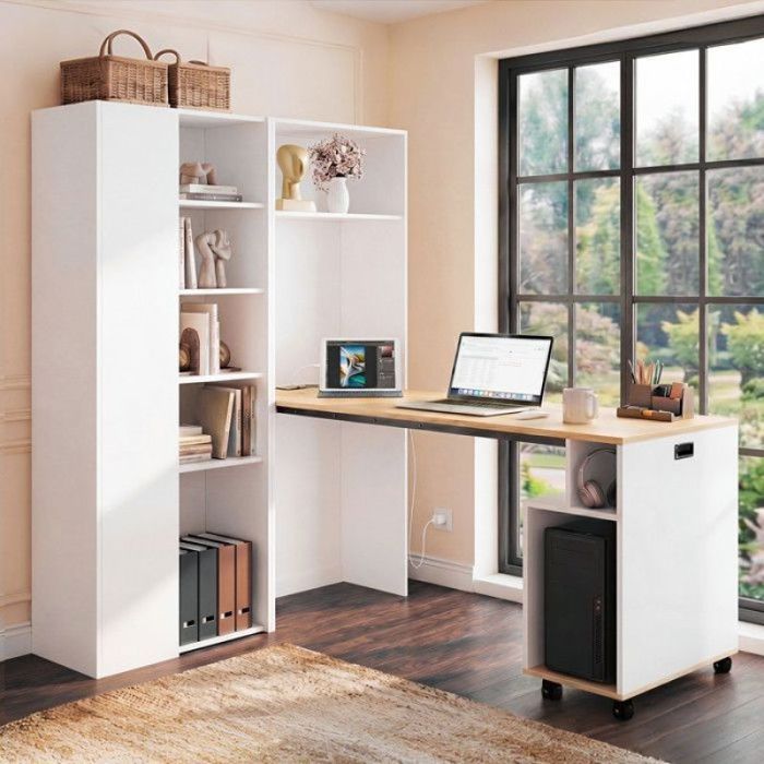 Table pliante bureau 2-en-1 blanc dangle 1045 × 305 × 160 cm bibliothèque étagères réglables et prise USB intégrée