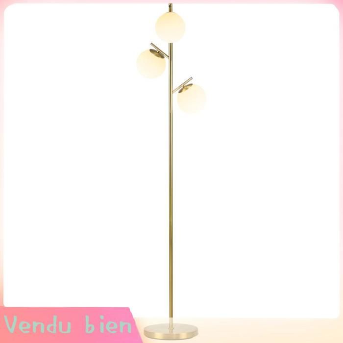 LIA Lampadaire métal 3 abat-jours globe verre dépoli doré Ø27x169cm