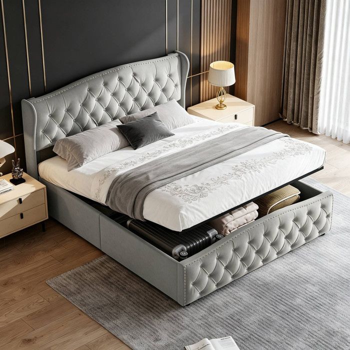 Lit coffre 160x200 cmLit double capitonnéSommier à lattes en bois massifRangement sous le litDécor rivetéVelours gris