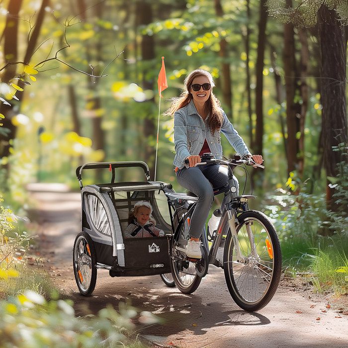 Remorque vélo enfant et poussette 2 places gris/noir pliable avec freins