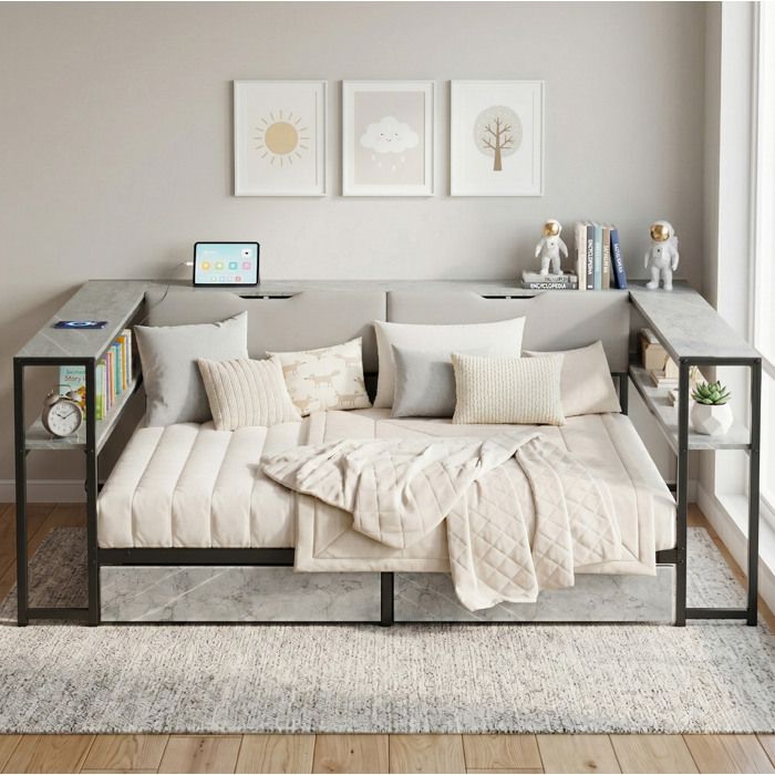 Lit de jour rembourré 140x200 cm gris béton avec USB et Type-C 2 tiroirs rangements intégrés sommier inclus