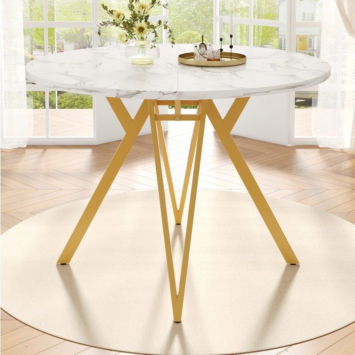 ROVRYN Table à manger ronde 100 cm pour 4 personnes plateau MDF effet marbre piètement métal doré