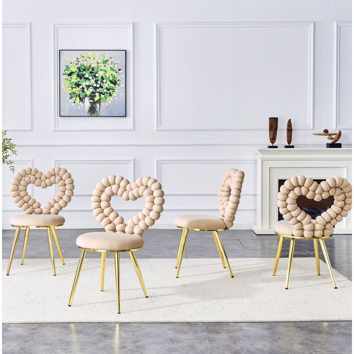 Chaise de salle à manger en velours beige avec dossier cœur ajouré pieds en métal lot de 2