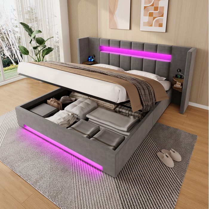 MEULVA Lit coffre 180 x 200 cm en velours gris foncé avec LED USB rangements latéraux et sommier à lattes